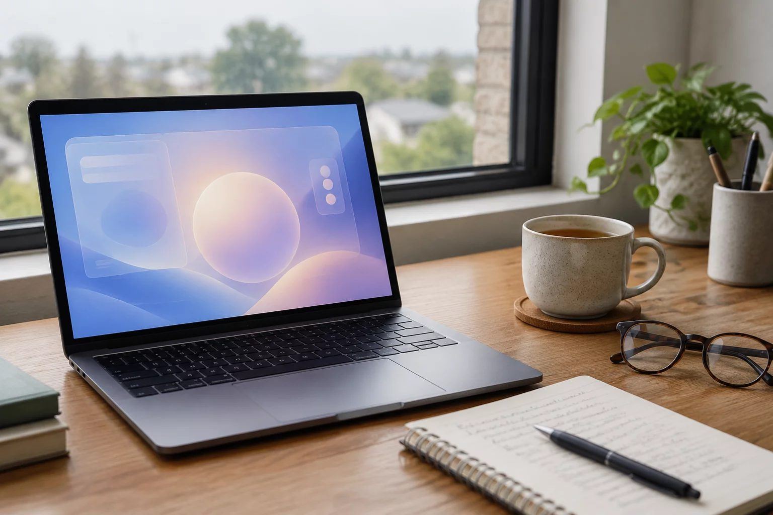 A laptop and notebook on a desk by a window