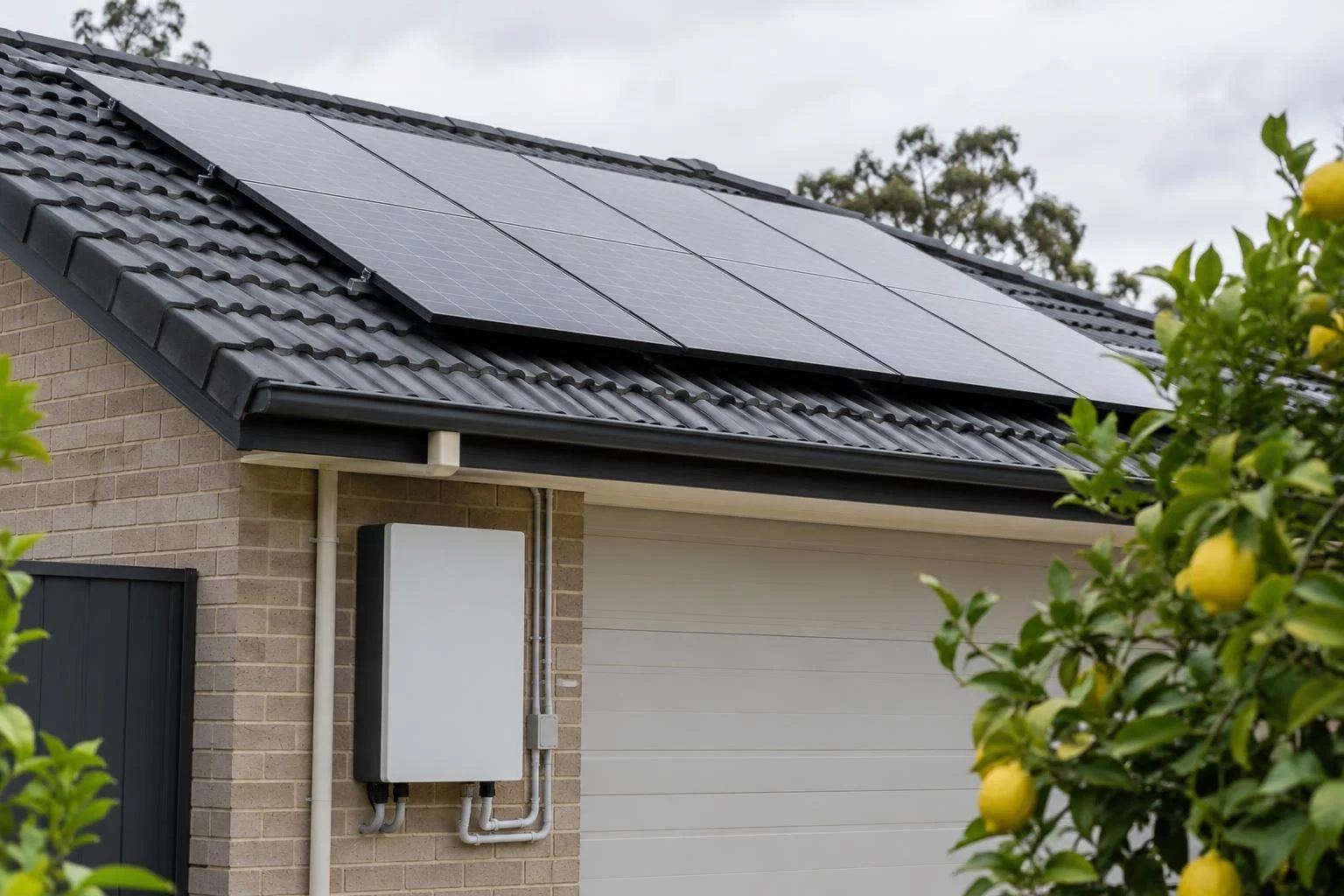 Solar panels on a suburban roof with a battery on the wall below